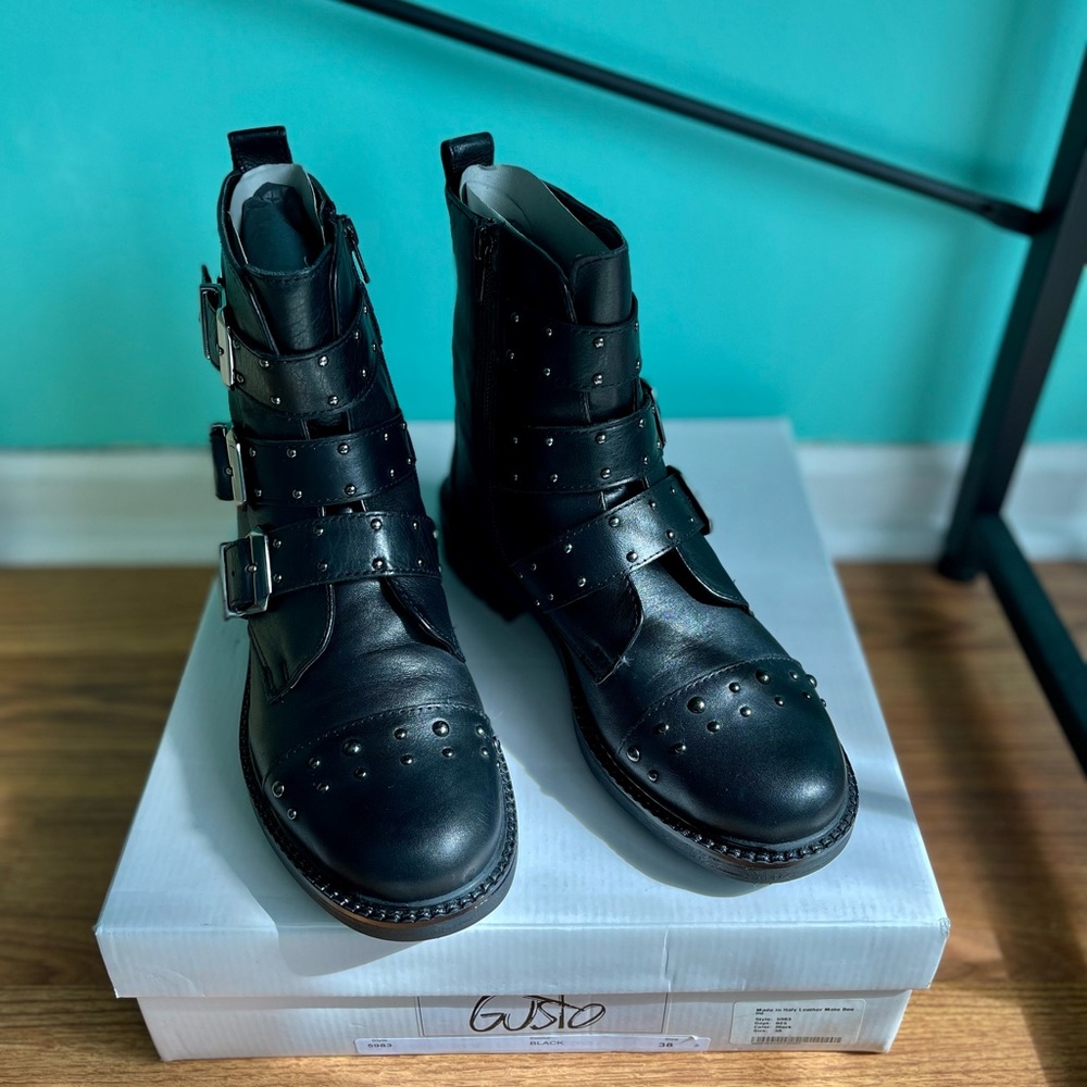 Gusto Leather Studded Moto Boots Size 38 Black